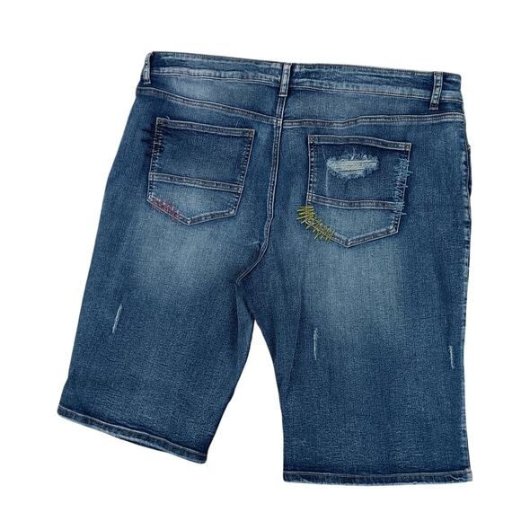 Rutherford Engineered Slim Fit Denim Jorts Men 41 Blue Distressed Tribal Pattern - Picture 2 of 14